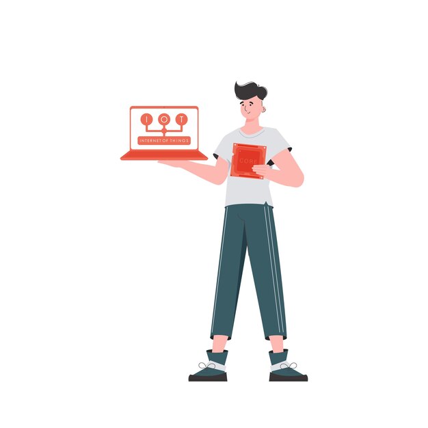 Un homme tient un ordinateur portable et une puce de processeur dans ses mains Concept IoT Illustration vectorielle isolée dans un style plat branché