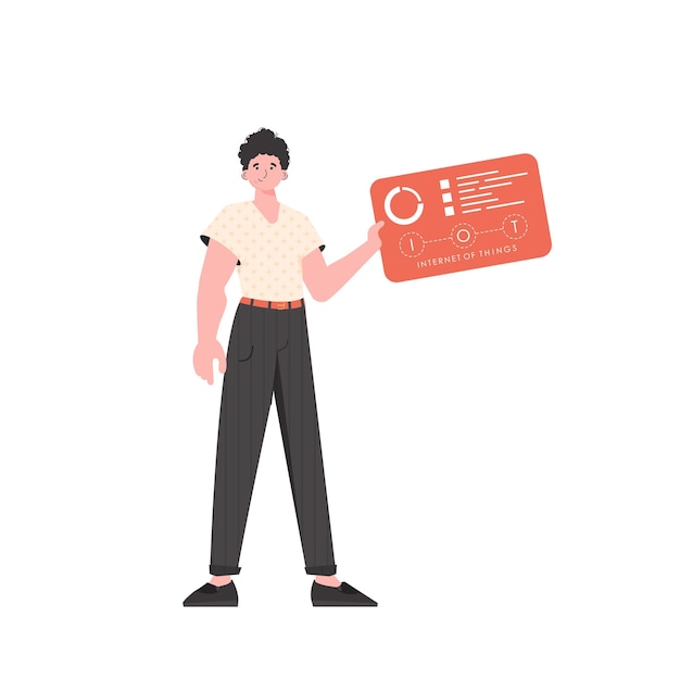 Un homme tient un panneau avec des analyseurs et des indicateurs dans ses mains Concept de l'Internet des objets Illustration vectorielle isolée dans un style plat