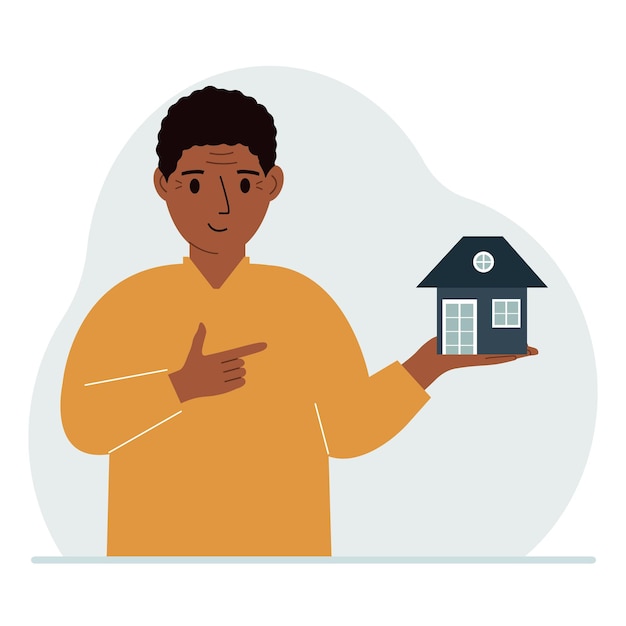 Vecteur un homme tient une petite maison dans sa paume concepts d'héritage transfert immobilier crédit hypothécaire prêt ou achat d'une maison