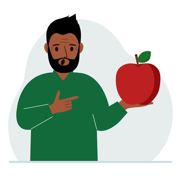 Vecteur un homme tient une pomme fraîche et rouge dans sa main l'homme mange une pomme concept d'aliments sains