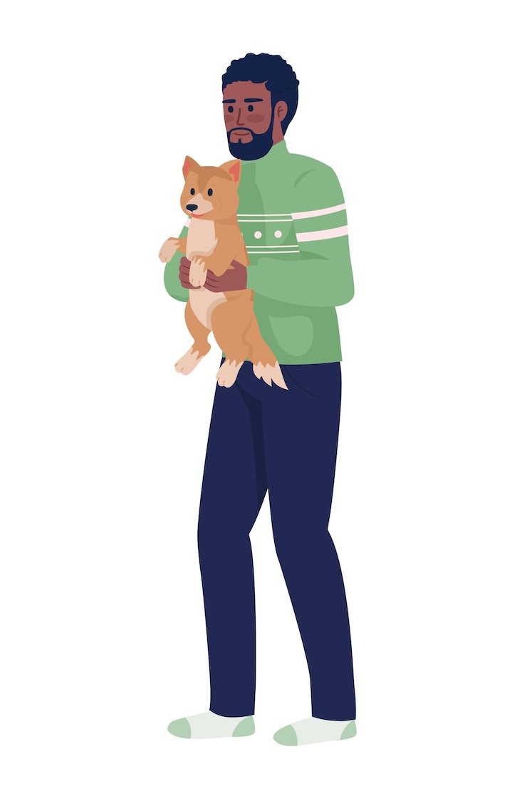 Vecteur l'homme tient ses personnages vectoriels de couleur semi-plate de chien