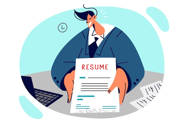 L'homme tient son curriculum vitae et est assis au bureau du recruteur, souhaitant obtenir un emploi solide avec un revenu élevé. Un homme en costume d'affaires fournit un curriculum vitae décrivant ses compétences, son expérience professionnelle ou ses réalisations.