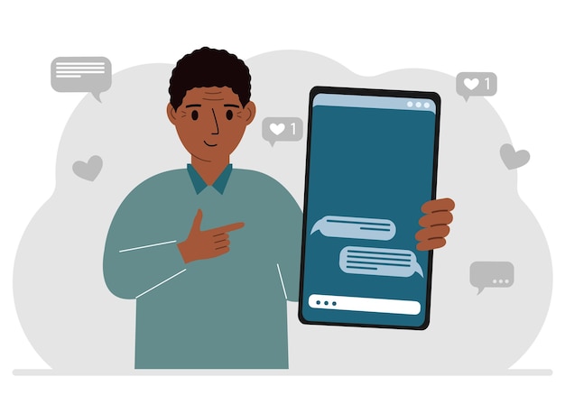 Vecteur un homme tient un téléphone portable avec de la correspondance et des messages sms dans sa main