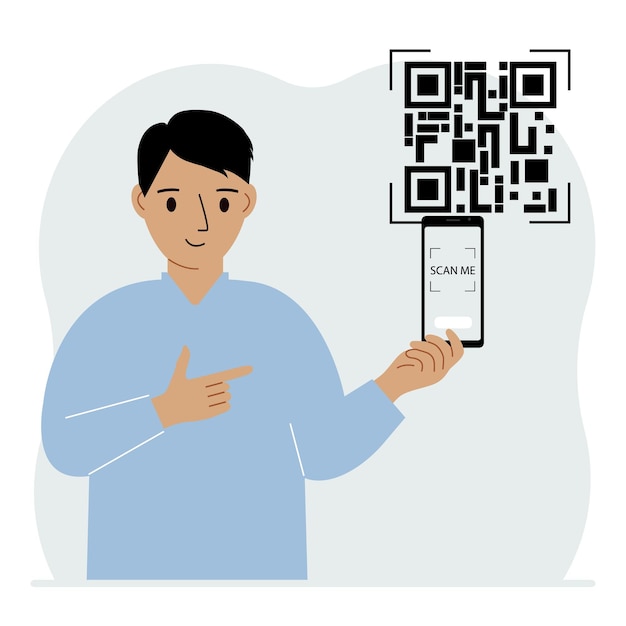 Un homme tient un téléphone portable dans sa main avec le texte scan me et scanne le code qr qui se trouve à proximité