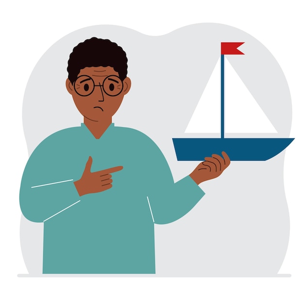 Vecteur un homme tient un yacht à voile dans sa main concepts d'espoir de liberté et de grands projets passe-temps sport ou affaires