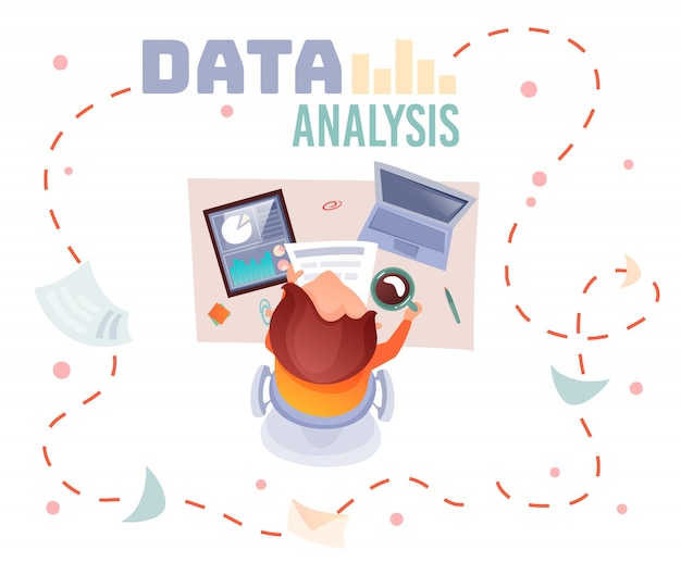 Vecteur homme travaillant avec des documents et un ordinateur portable, concept de vue de dessus, texte d'analyse de données avec ligne de cadre en pointillé