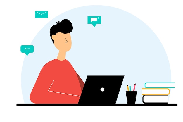 Homme travaillant à domicile pigiste ou étudiant Illustration vectorielle dans un style plat