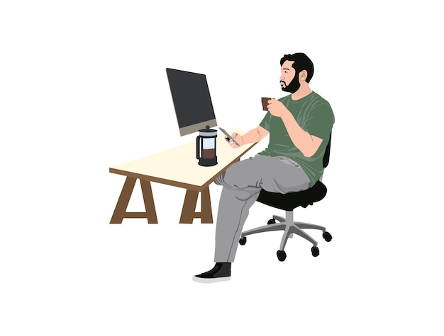 Homme travaillant une illustration de pause-café