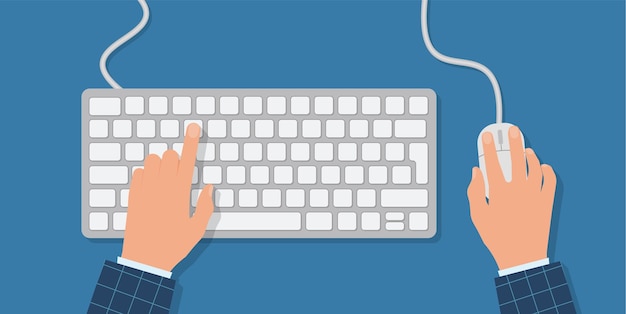 Homme travaillant sur l'ordinateur Mains sur le clavier et la souris Programmeur blogueur indépendant concepteur employé de bureau Modèle de conception Illustration vectorielle style plat
