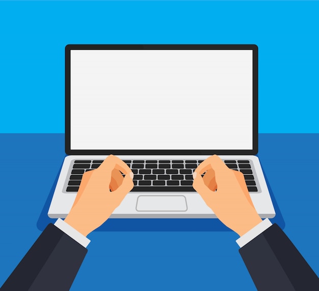 Homme travaillant sur ordinateur. Tapez ou imprimez sur un clavier devant un moniteur blanc vierge. Modèle d'ordinateur portable avec écran vide. illustration.
