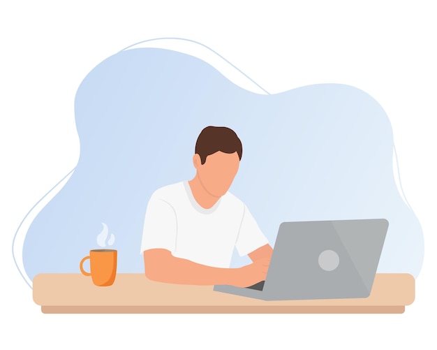 L'homme travaille sur le bureau avec un ordinateur portable Éducation en ligne indépendante surf sur le web ou employé de bureau Illustration vectorielle en style cartoon