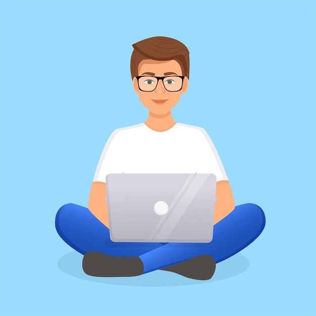 L'homme travaille à l'ordinateur portable Illustration vectorielle plane du travail indépendant à la maison travail bureau éducation Travail à distance et communication dans les réseaux sociaux Style de bande dessinée