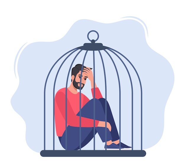 Vecteur l'homme triste assis à l'intérieur de la cage fermée concept de restrictions aux droits et libertés de l'homme