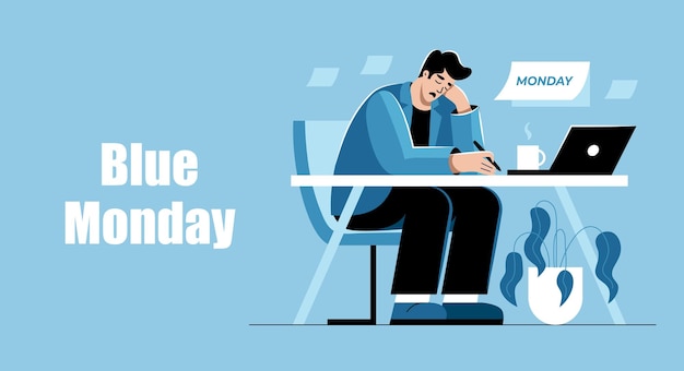 Un Homme Triste Et Contrarié Est Assis à Son Bureau Dans Le Bureau Blue Monday Cartoon Flat Vector Illustrati