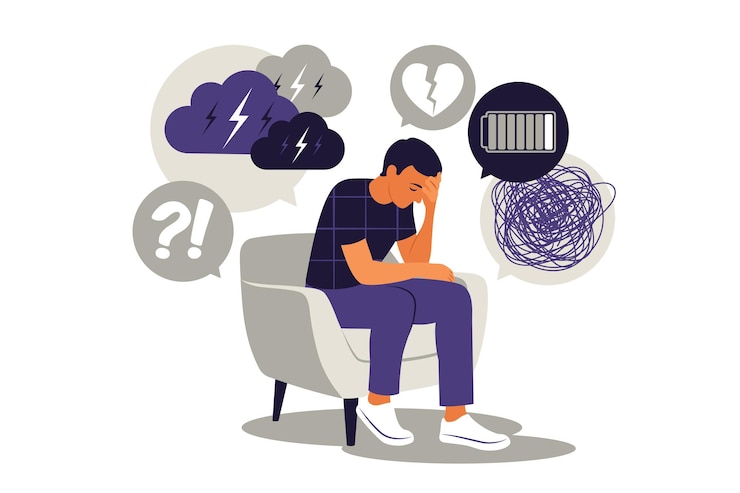 Homme triste déprimé pensant aux problèmes. Faillite, perte, crise, syndrome d'épuisement professionnel, concept de problèmes relationnels. Illustration vectorielle. Appartement.