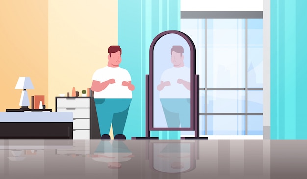 Homme triste se regardant reflet dans le miroir guy sur la taille obésité concept appartement moderne