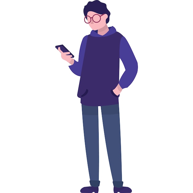 Homme utilisant l'icône du caractère vectoriel du téléphone portable