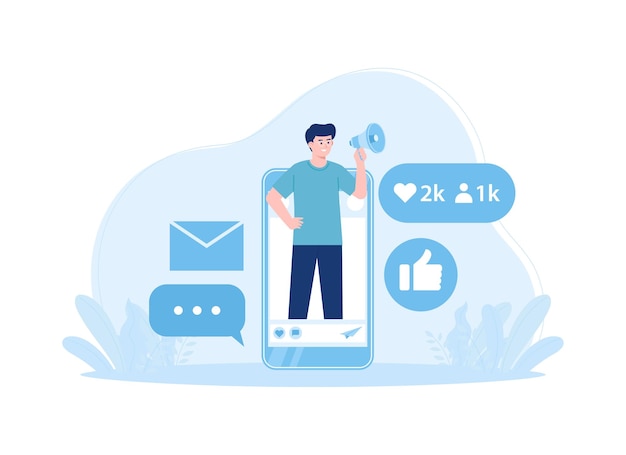 homme utilisant des téléphones portables pour la promotion des médias sociaux tendance concept illustration plate