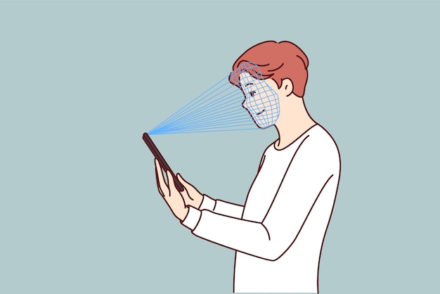 L'homme utilise la fonction de reconnaissance faciale sur le téléphone pour passer la vérification et accéder à l'application