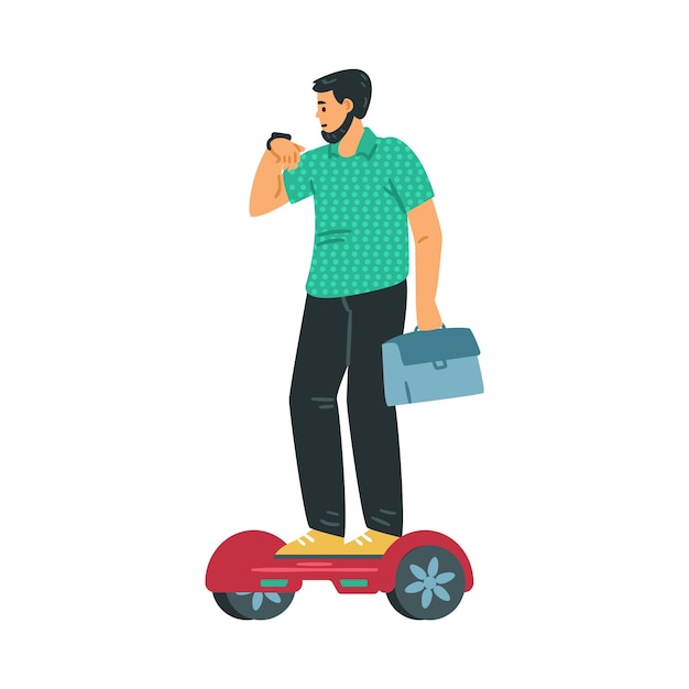 L'homme Utilise Un Scooter Gyroscopique Pour Le Trajet Et Les Trajets Quotidiens à Plat Illustration Vectorielle Isolée