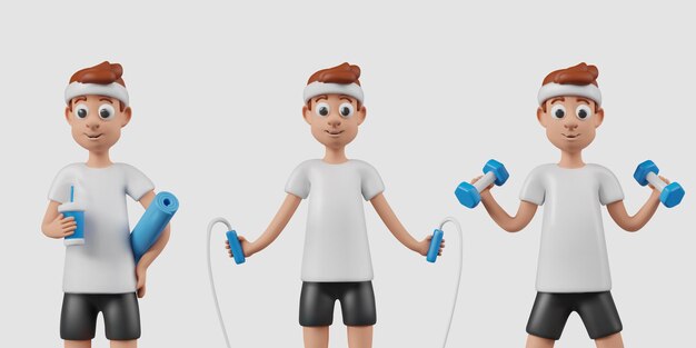 Homme vectoriel avec différents accessoires sportifs et dans différentes poses