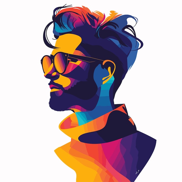 Vecteur homme vectoriel avec des lunettes et une barbe avec des peintures multicolores sur un fond blanc ia générative