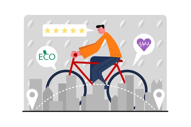 L'homme à vélo en ville en utilisant des transports urbains respectueux de l'environnement Réduction de la consommation mondiale d'énergie Utilisation de véhicules verts Rating de la société de services de location de véhicules contemporains Illustration vectorielle plate