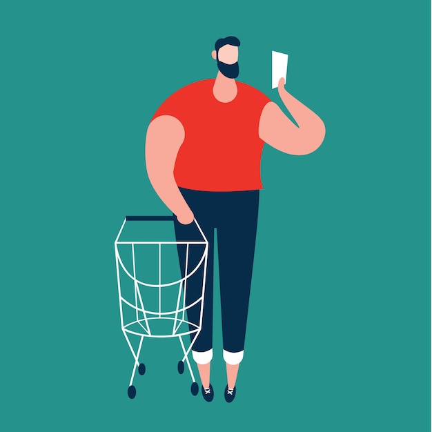 Homme Vérifiant La Liste De Courses Et Transportant Le Caddie Au Supermarché. Illustration Vectorielle