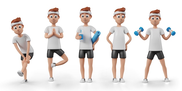 Homme en vêtements de sport, train, repos, se prépare à des exercices, ensemble d'illustrations vectorielles