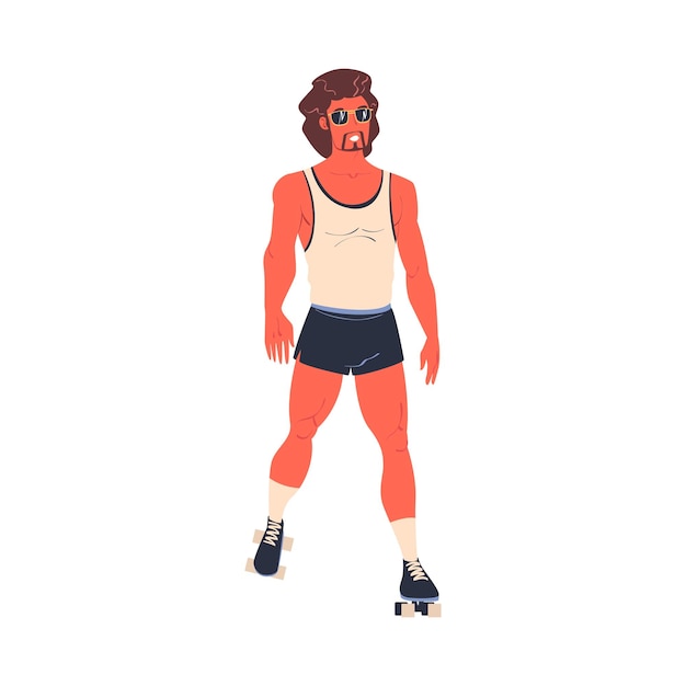 Homme vêtu de rétro patineur à roulettes en short patinage à roulets et illustration vectorielle souriante