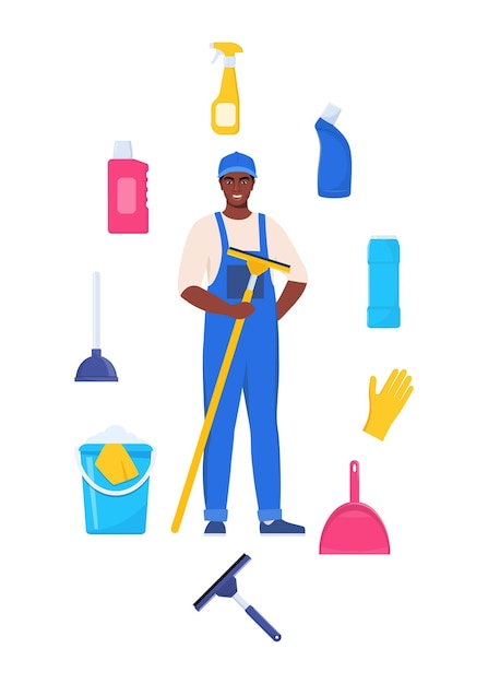 Homme vêtu d'un uniforme avec un balai Travailleur du service de nettoyage Outils de nettoyages et détergent