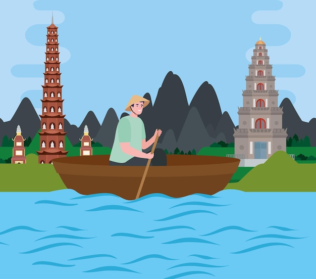 Vecteur l'homme vietnamien en bateau