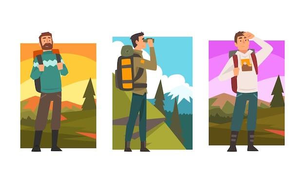 Homme voyageur ou explorateur avec sac à dos debout et regardant vers l'avant