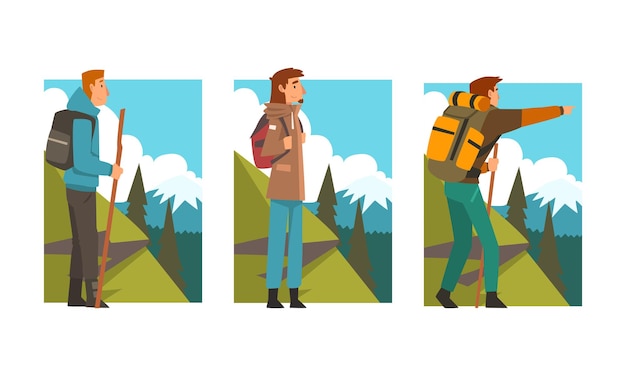 Homme voyageur ou explorateur avec sac à dos debout et regardant vers l'avant