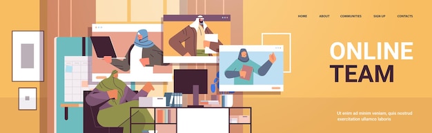 Hommes D'affaires Arabes Discutant Avec Des Collègues Dans Les Fenêtres Du Navigateur Web Lors D'un Appel Vidéo Conférence Virtuelle Concept D'équipe En Ligne Portrait Horizontal Copie Espace Illustration Vectorielle