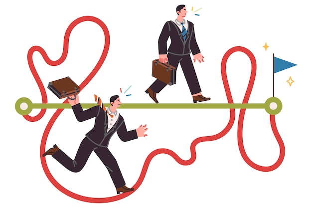 Les hommes d'affaires atteignent leur objectif en utilisant différentes stratégies, en prenant des raccourcis ou des chemins compliqués.