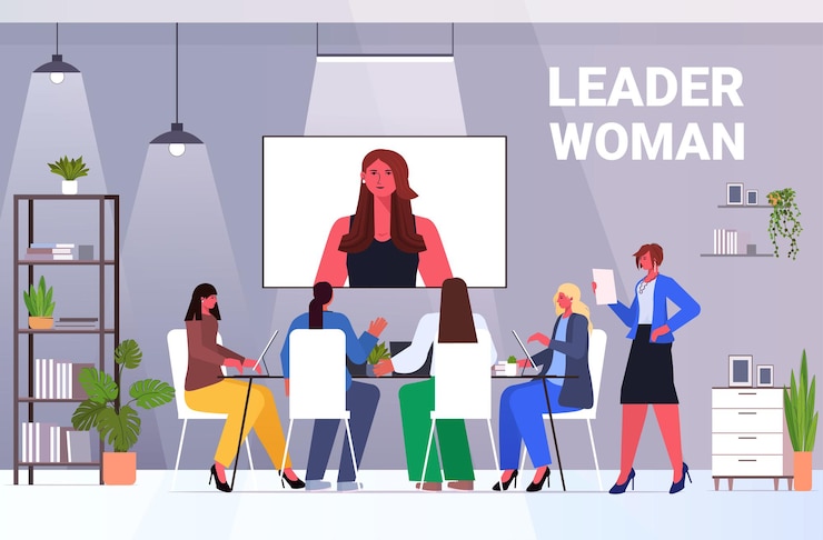 Vecteur les hommes d & # 39; affaires ayant une conférence en ligne réunion femmes d & # 39; affaires discutant avec une femme leader au cours d & # 39; un appel vidéo bureau intérieur illustration vectorielle pleine longueur horizontale
