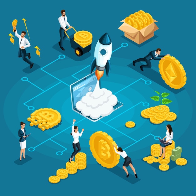 Les hommes d'affaires isométriques, les investisseurs, les spéculateurs, les investissements financiers dans la crypto-monnaie ICO Bitcoin