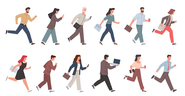 Des hommes d'affaires pressés, des employés et des managers en vêtements de bureau, des personnages occupés se précipitant au travail, des hommes et des femmes avec des portefeuilles, des montres et des téléphones.