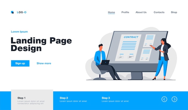 Hommes d'affaires signant la page de destination en ligne du contrat dans un style plat