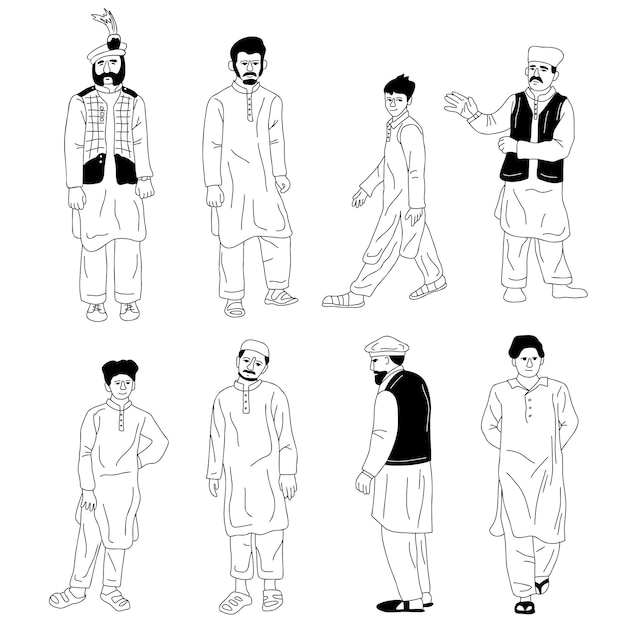 Les Hommes D'asie Du Sud Dans Différentes Poses Esquissent Des Silhouettes De Contour Définies éléments De Conception D'inclusivité Et De Diversité Illustration Vectorielle