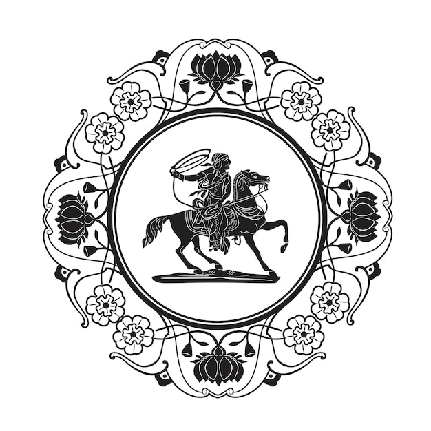 Vecteur hommes et cheval avec silhouette à la main de cadre de fleur