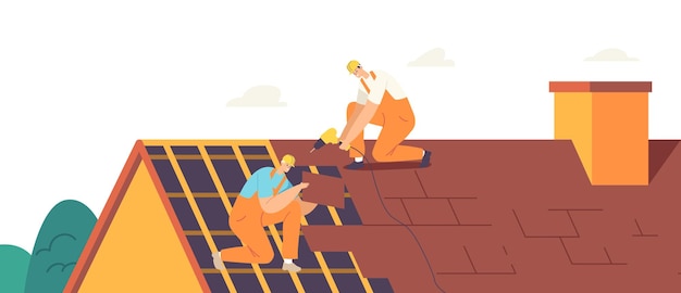 Hommes de couvreur avec des outils de travail Toiture et carrelage Toit de bâtiment résidentiel. Les personnages des travailleurs de la construction réparent la maison, réparent la tuile sur le toit de la maison avec des instruments. Illustration vectorielle de gens de dessin animé