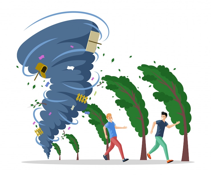 Vecteur hommes effrayés qui courent de l'illustration plate de l'ouragan. catastrophe naturelle, tornade tordue