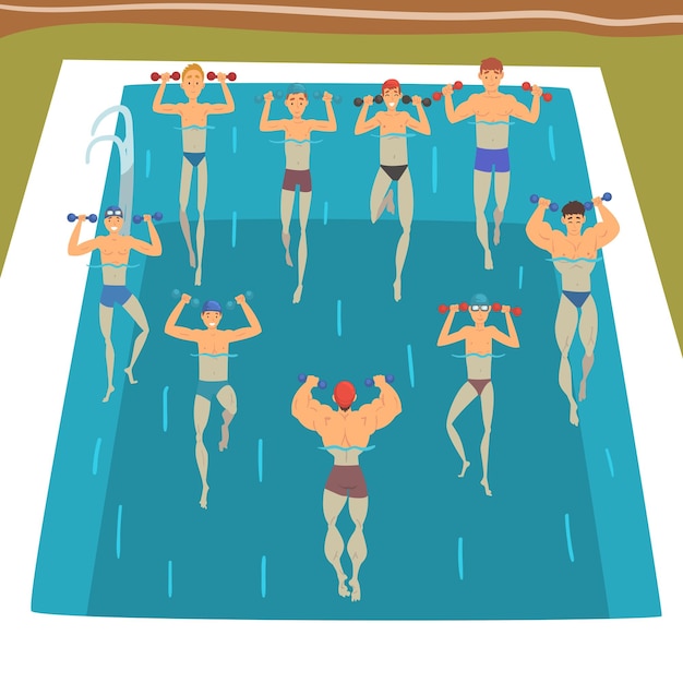 Vecteur hommes faisant des exercices de gymnastique aquatique avec des haltères dans la piscine personnes faisant des exercice d'aérobic aquatique groupe de fitness classe illustration vectorielle style dessin animé