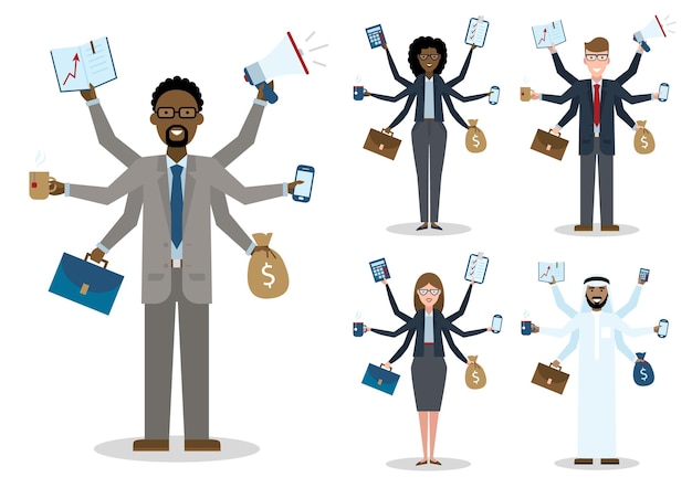 Hommes et femmes d'affaires afro-américains, caucasiens et arabes multitâches sur fond blanc. Hommes d'affaires prospères. Bourreau de travail. Talentueux et professionnel. Leadership. Régler.