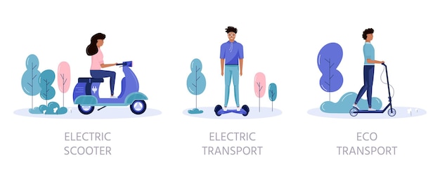 Vecteur les hommes et les femmes conduisent les transports écologiques dans le concept de parc public. transport électrique personnel, scooter électrique vert, hoverboard, gyroscooter, monocycle et vélo. coffret véhicule écologique