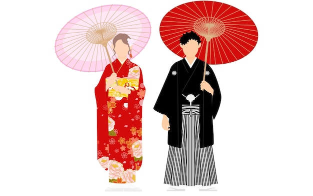 Vecteur hommes et femmes en kimono tenant des parasols, un hakama de montsuki et un furisode