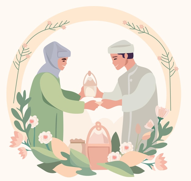Vecteur les hommes et les femmes musulmans échangent des salutations fleurs et feuilles autour