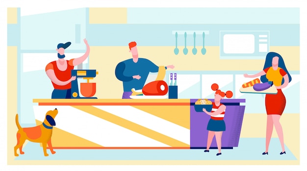 Hommes, Femmes Et Petite Fille Dans La Cuisine